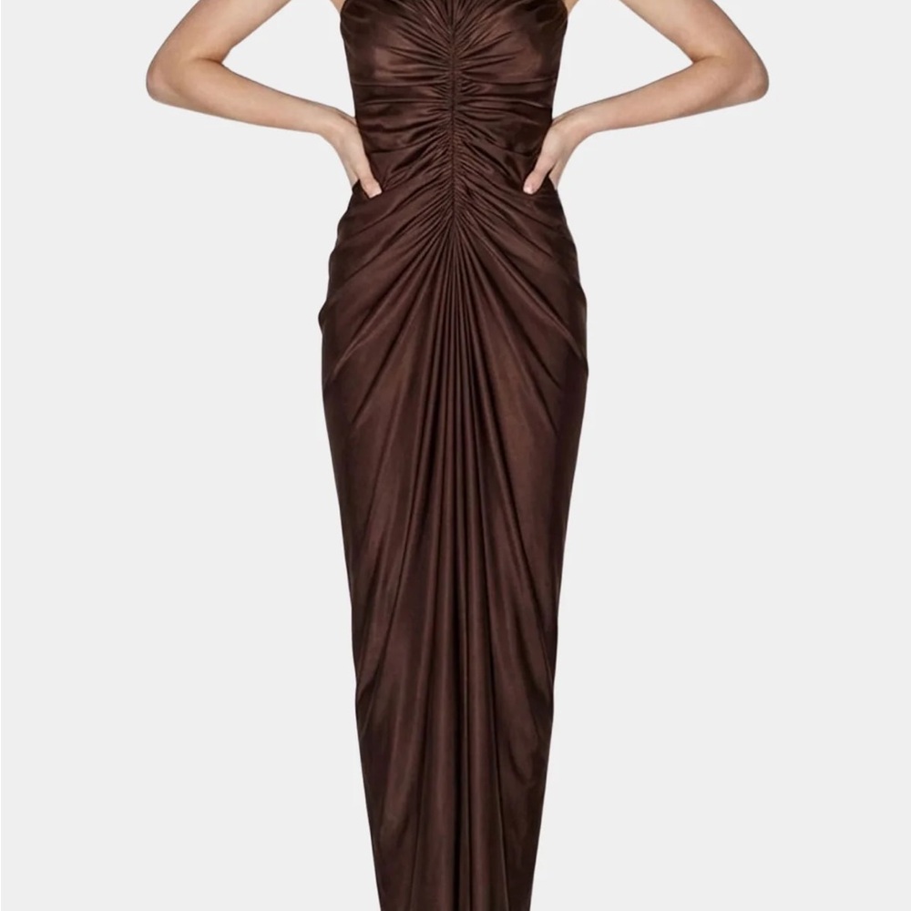 Strapless Ruched Maxi Dress in Chocolate Brown